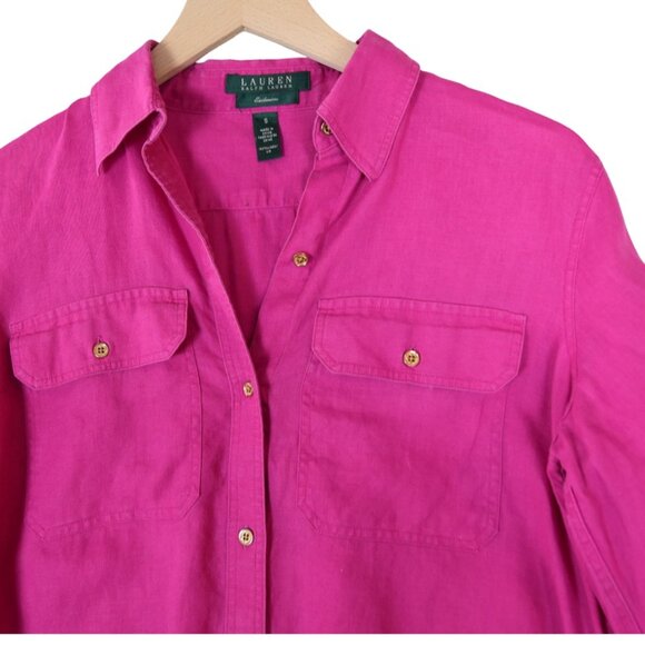Lauren Ralph Lauren Pink Linen Shirt S Utility Button Down Coastal Chic - Picture 2 of 8